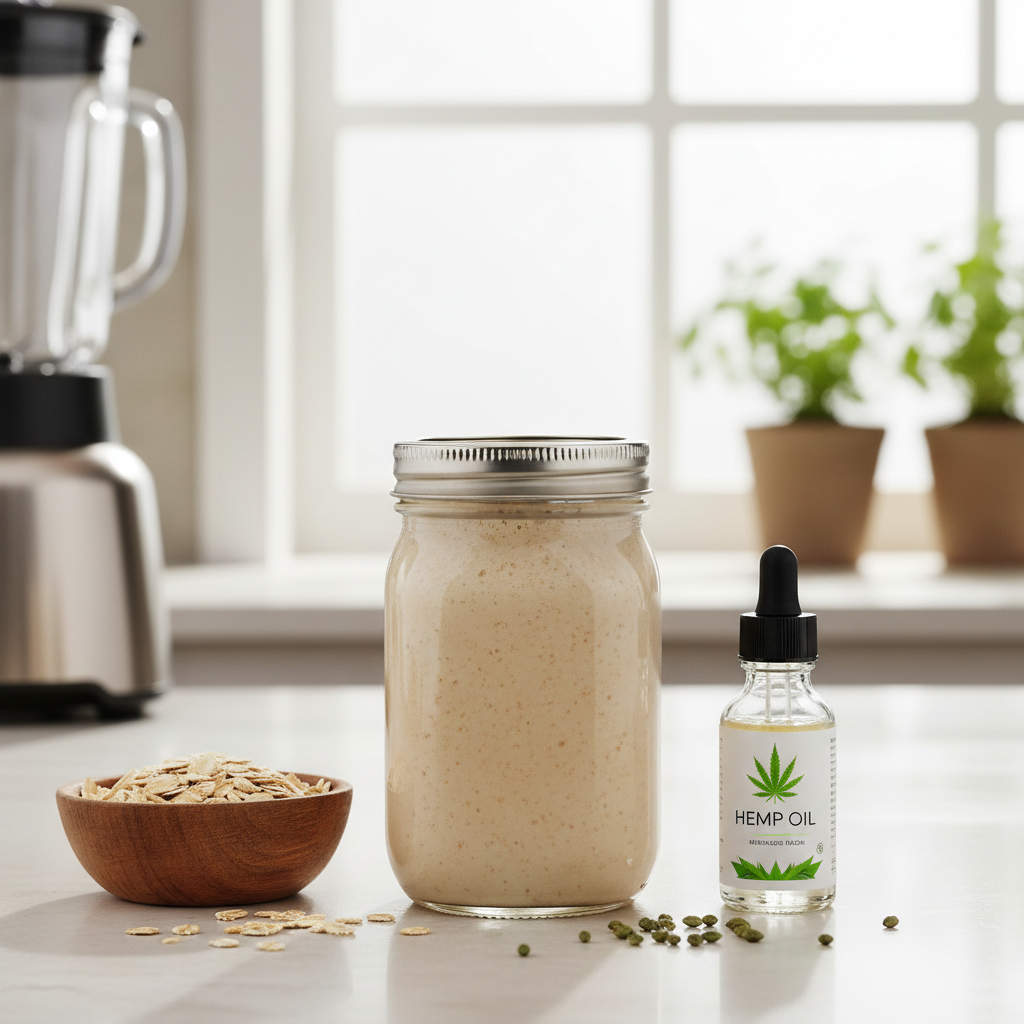 Baltyminis kokteilis su avižomis ir kanapių aliejumi ant virtuvės stalo